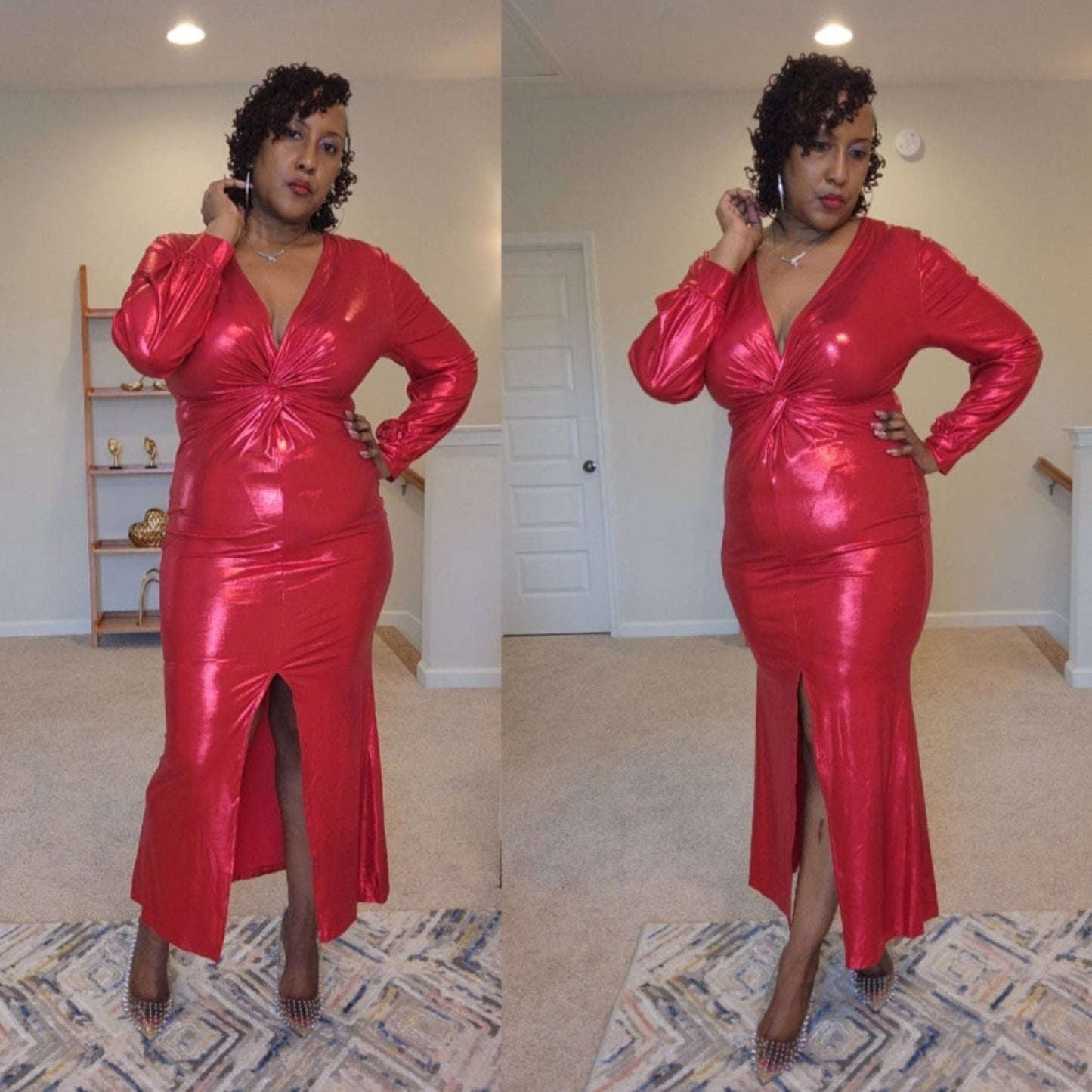 Red Metallic Deep V Plunge Midi Party Dress - What A Diva Wears