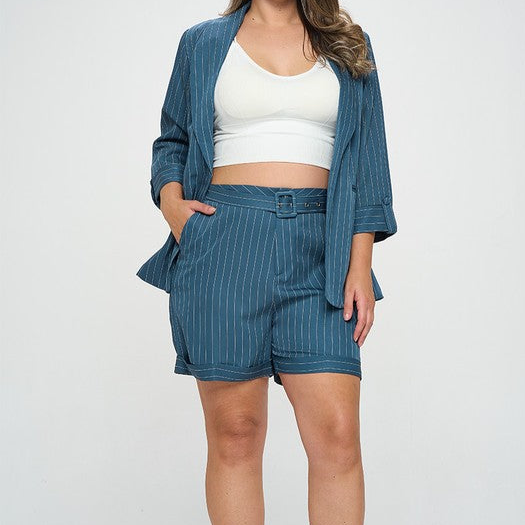 Plus Size Pinstripe Shorts Suit Set w/Belt