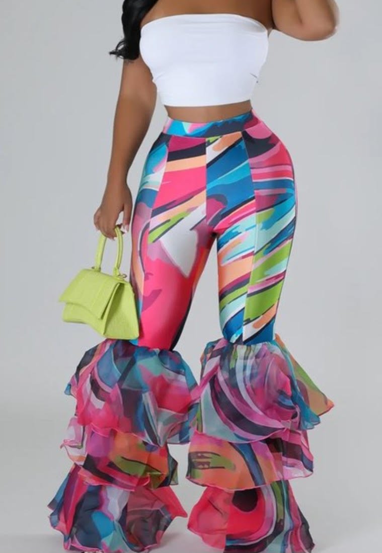 Fushia Print RUFFLED Bell Bottoms (Reg & Plus sizes) - What A Diva Wears