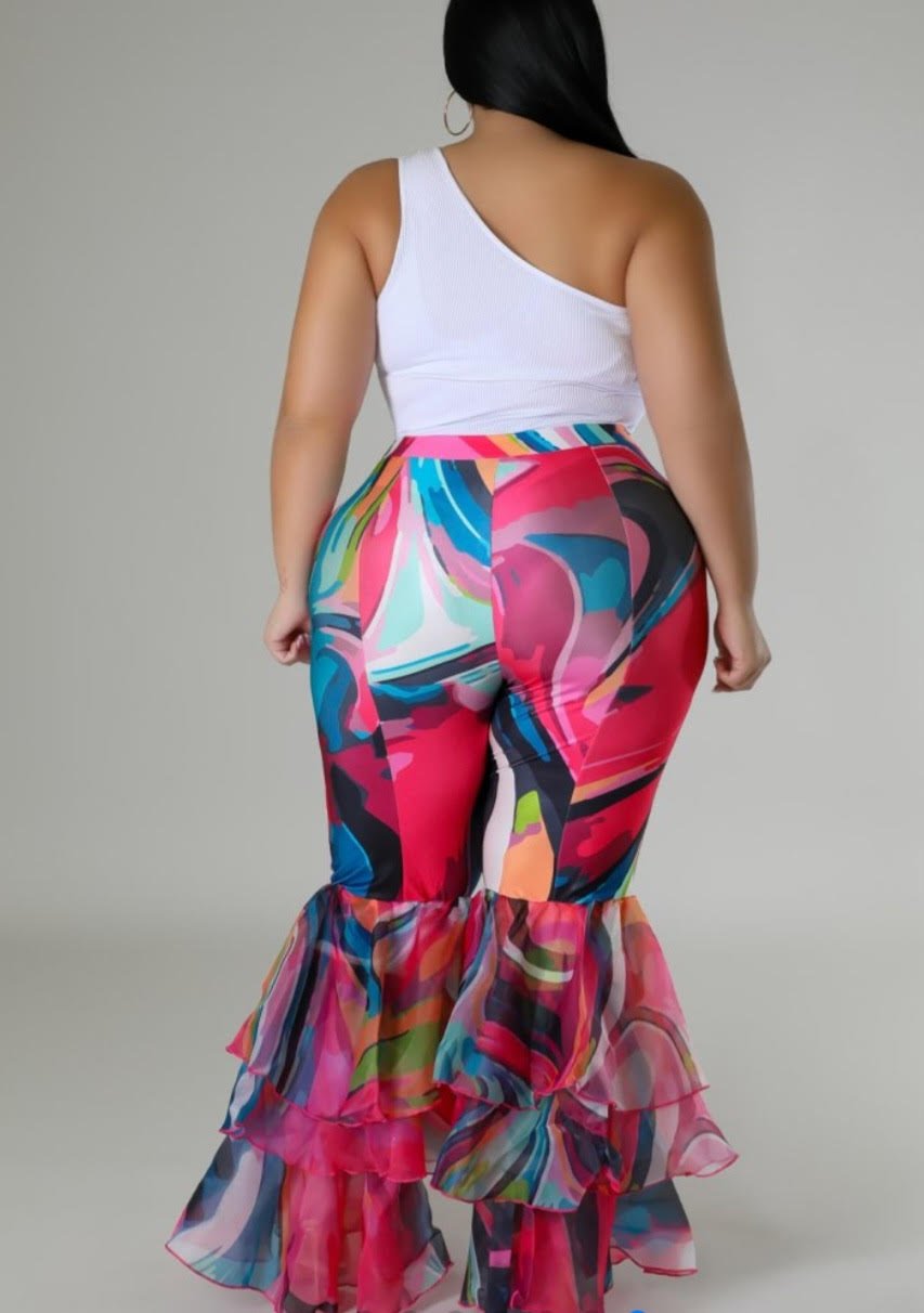 Fushia Print RUFFLED Bell Bottoms (Reg & Plus sizes) - What A Diva Wears