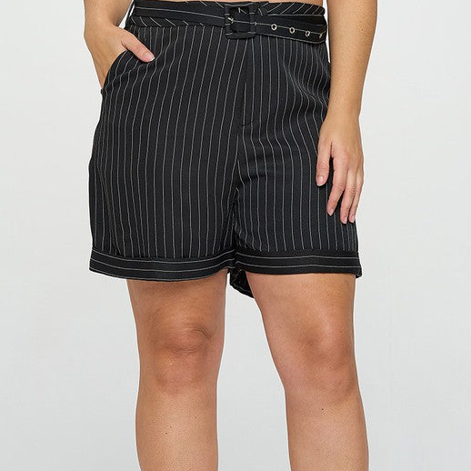 Plus Size Black Pin Stripe shorts w/Belt - What A Diva Wears Boutique