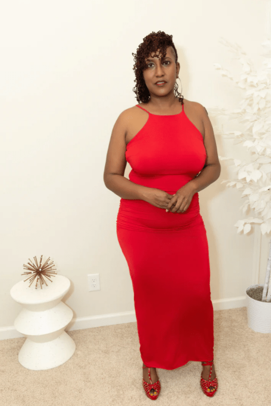 Plus Size Lady in Red Ruched Maxi Dress - What A Diva Wears Boutique