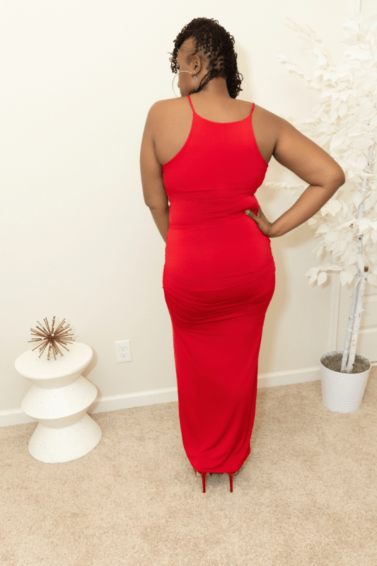 Plus Size Lady in Red Ruched Maxi Dress - What A Diva Wears Boutique
