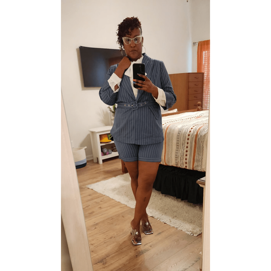 Plus Size Pinstripe Shorts Suit Set w/Belt - What A Diva Wears