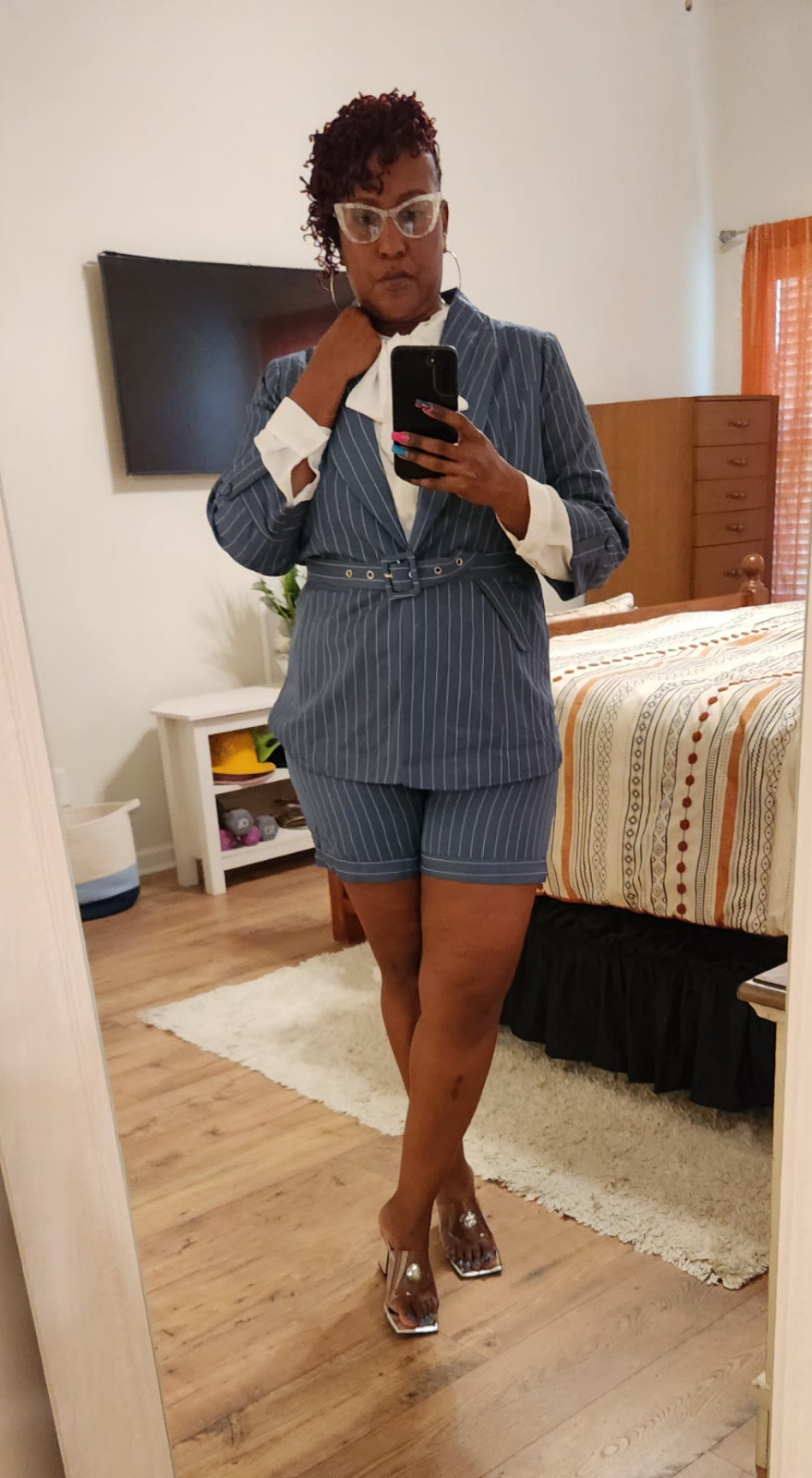 Plus Size Pinstripe Shorts Suit Set w/Belt - What A Diva Wears