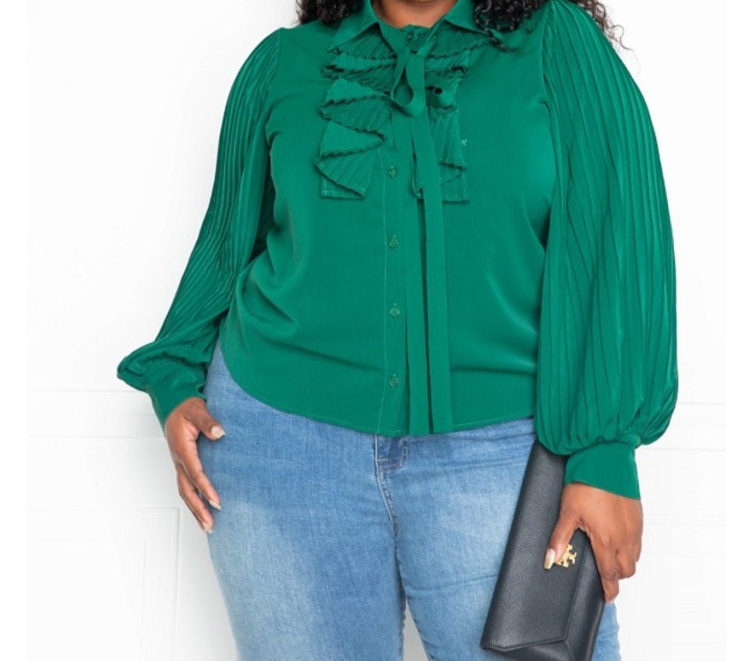 Plus Size Pleated Sleeve Blouse w/bow - What A Diva Wears