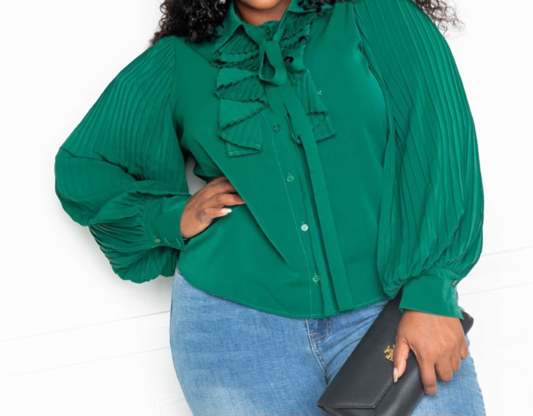 Plus Size Pleated Sleeve Blouse w/bow - What A Diva Wears