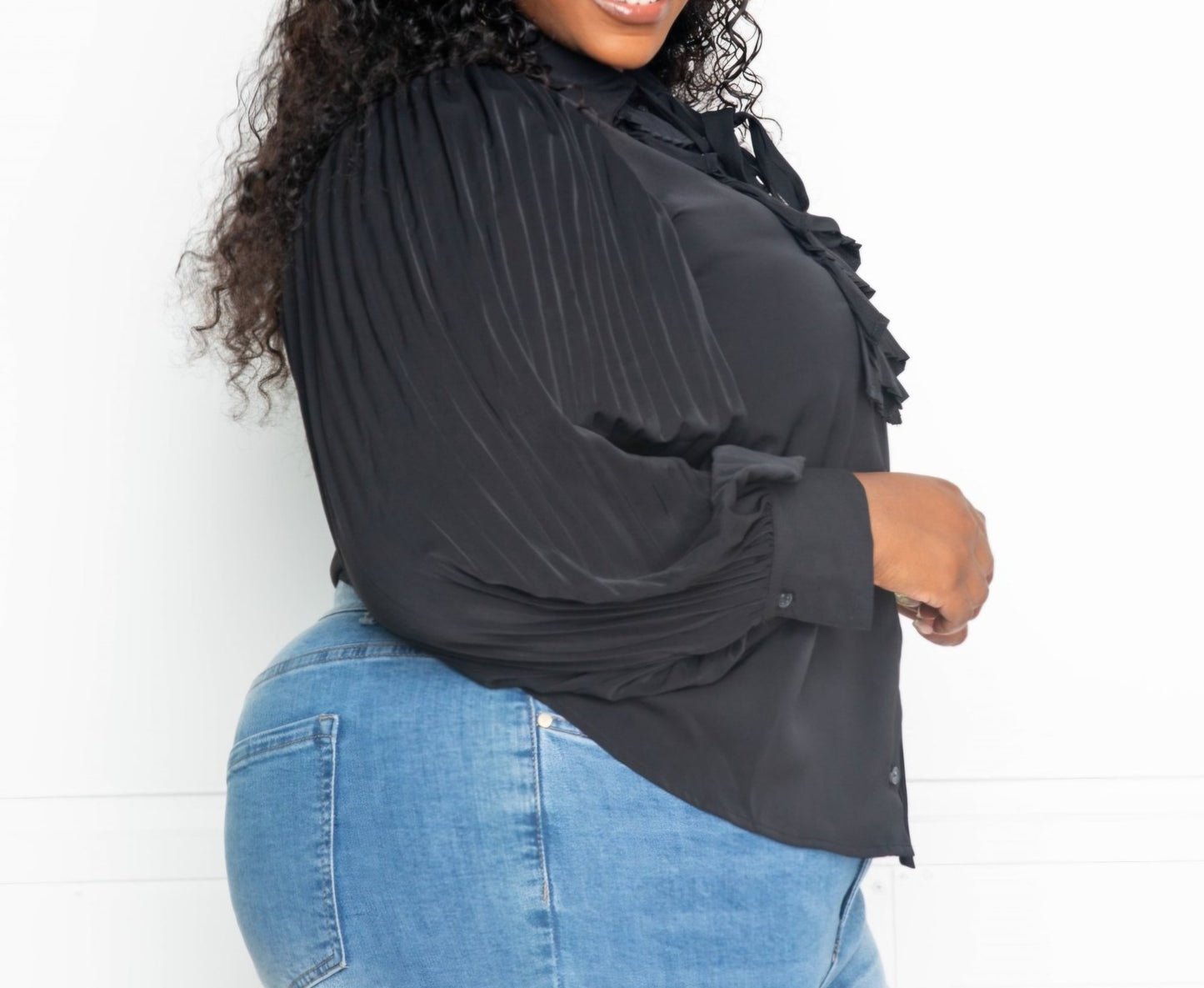 Plus Size Pleated Sleeve Blouse w/bow - What A Diva Wears