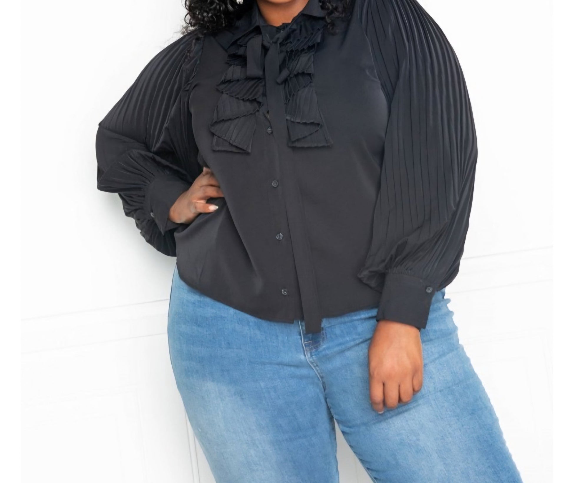 Plus Size Pleated Sleeve Blouse w/bow - What A Diva Wears