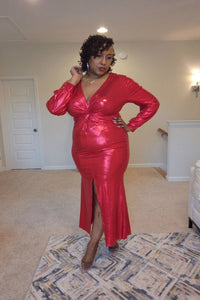 Red Metallic Deep V Plunge Midi Party Dress - What A Diva Wears Boutique