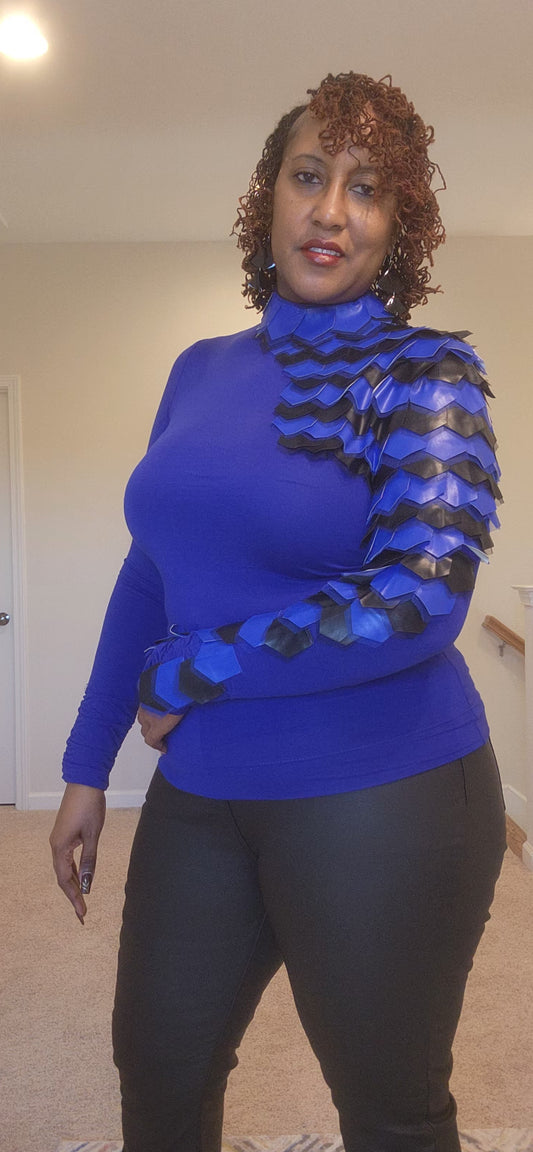 Long Sleeve Mock Neck color Block Ruffle Blouse