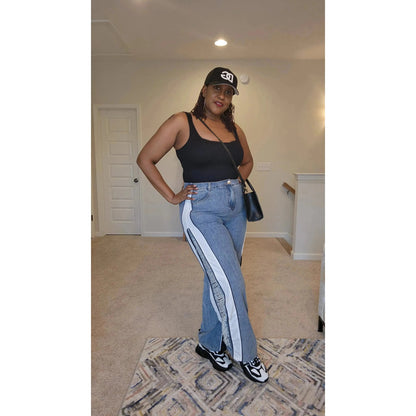 Colorblock Distressed Wide Leg Jeans